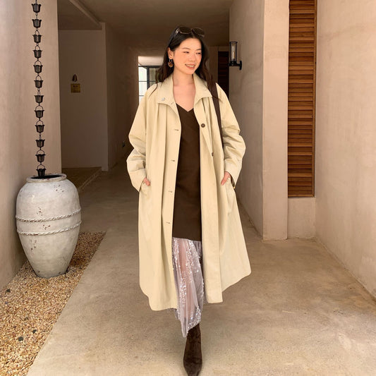 Women's Stand Collar Belted Waist Loose Long Trench Coat
