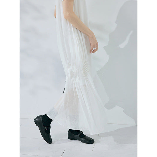 100% Linen Crew Neck Loose Short Sleeve Side Striped Holiday Style Dress