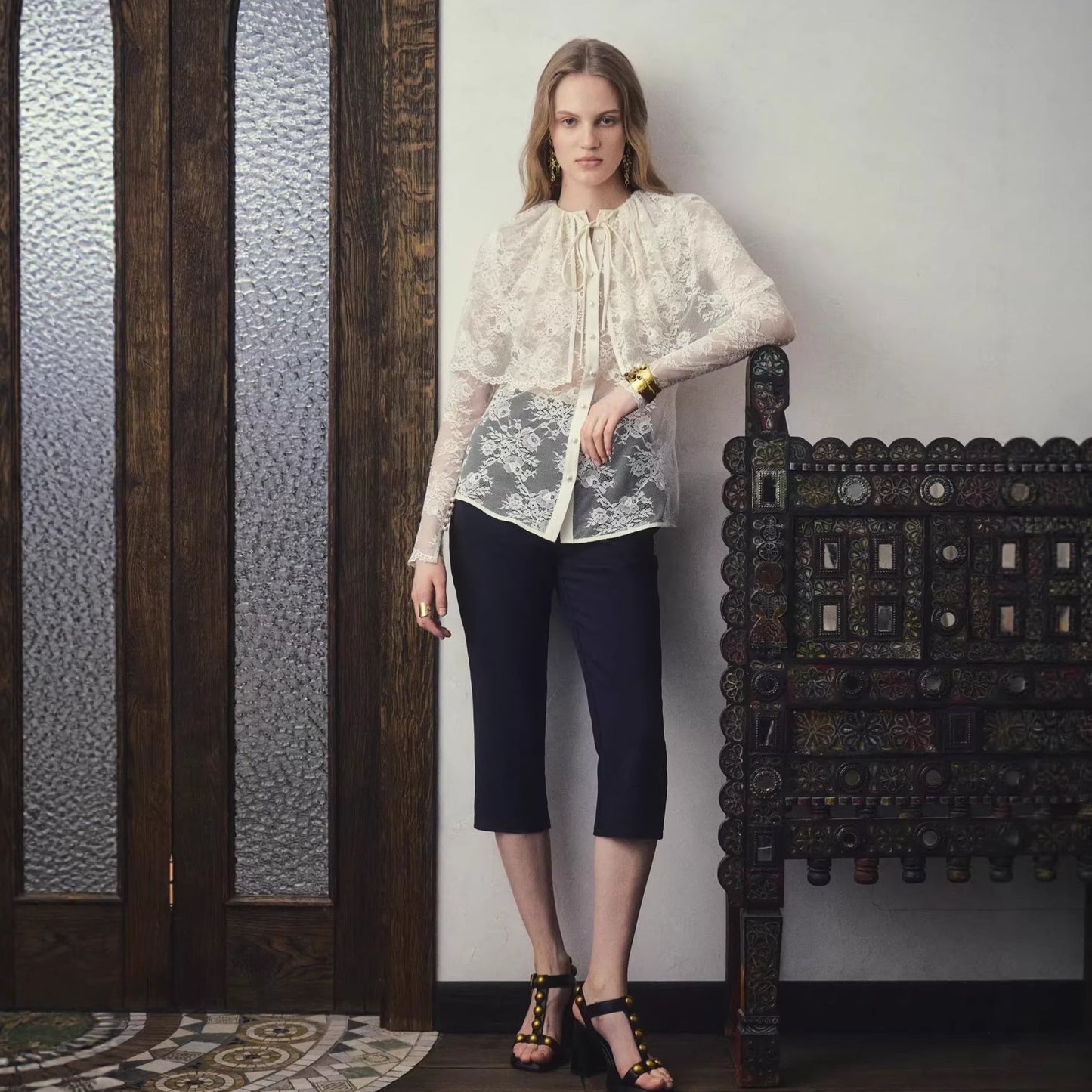 French niche lace patchwork cape shirt top small shirt long sleeves