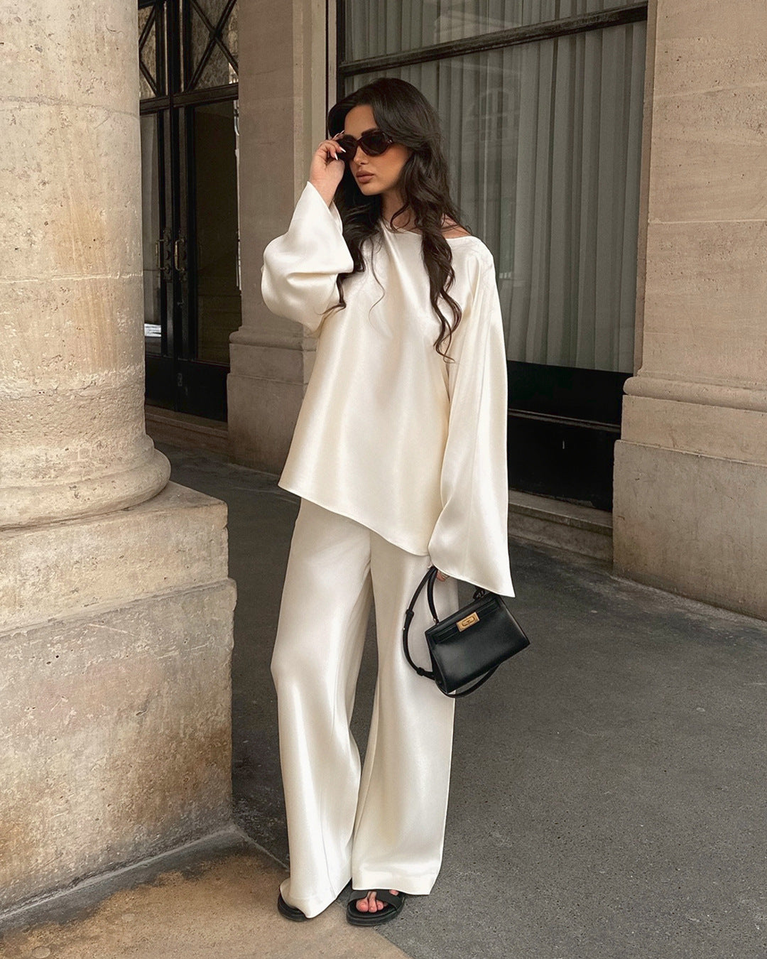 New Fashion Casual Crew Neck Satin Long Sleeve Two-piece Shirt Straight Pants Suit Women