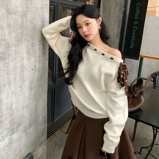 Atmospheric leopard print strap design diagonal neck off-the-shoulder sweater