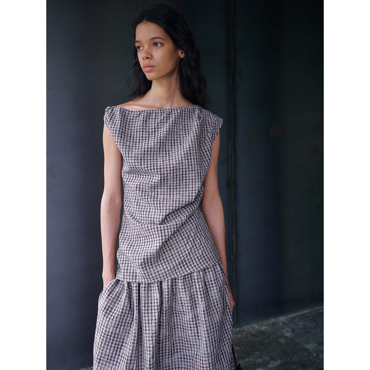 Bubble checked sloping shoulder asymmetrical top