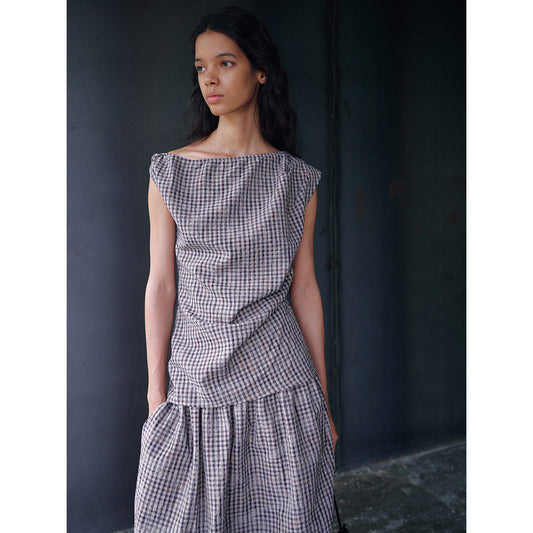 Bubble checked sloping shoulder asymmetrical top