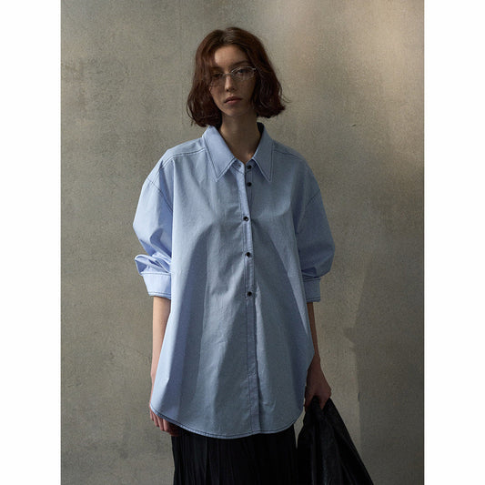 Contrasting color line asymmetrical shirt spring cotton long commuter casual top