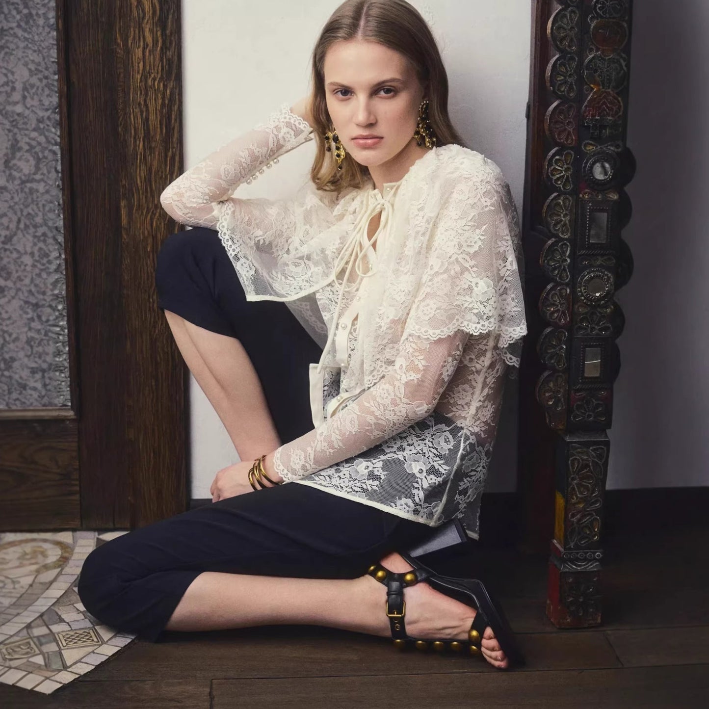 French niche lace patchwork cape shirt top small shirt long sleeves