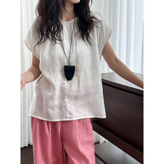 Tencel linen crew neck waist shirt women's summer new sleeveless vest upper belt short-sleeved shirt