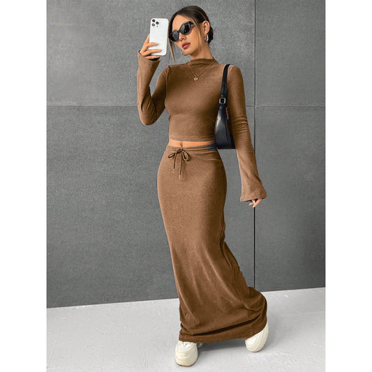Women's Two-Piece Set - Solid Color Long Sleeve Top and Pants Loungewear