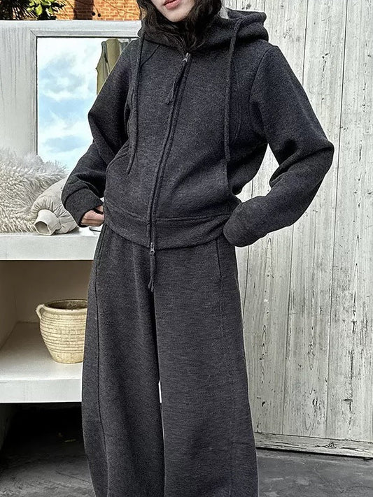 Wool fleece hooded double zipper sweater adjustable corset trousers temperament casual sports suit