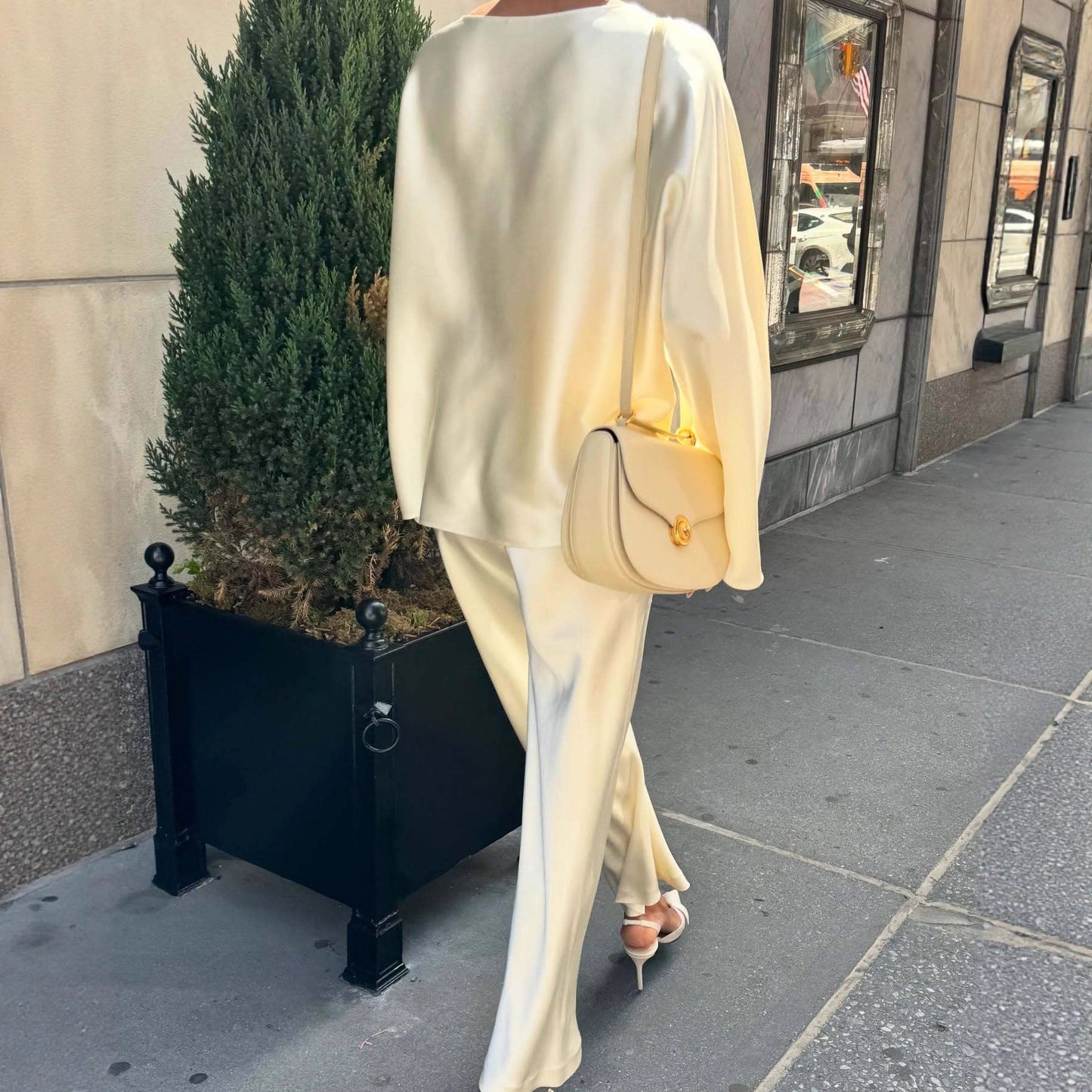 New Fashion Casual Crew Neck Satin Long Sleeve Two-piece Shirt Straight Pants Suit Women