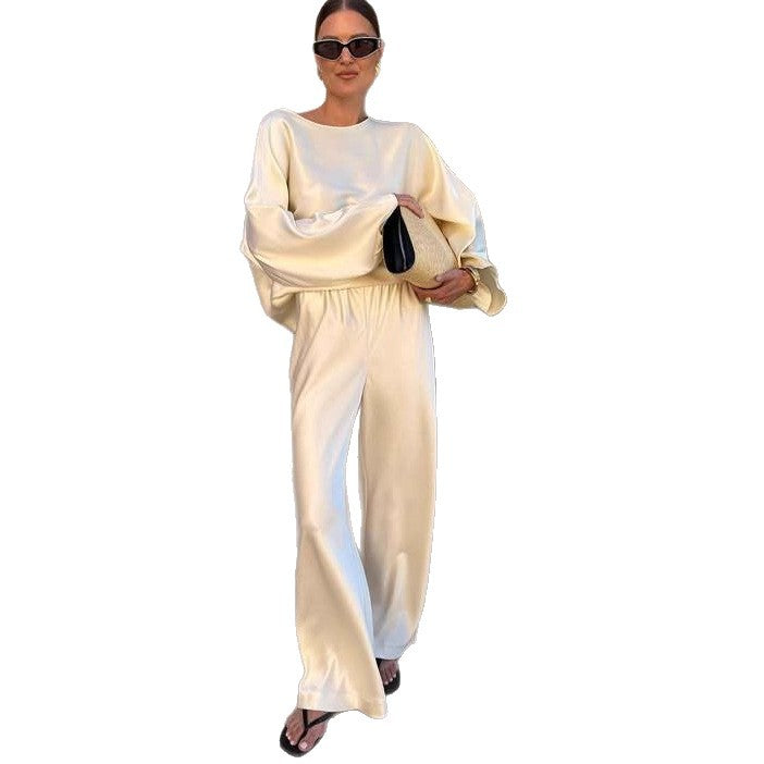New Fashion Casual Crew Neck Satin Long Sleeve Two-piece Shirt Straight Pants Suit Women