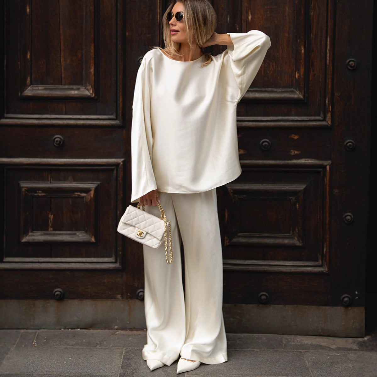 New Fashion Casual Crew Neck Satin Long Sleeve Two-piece Shirt Straight Pants Suit Women