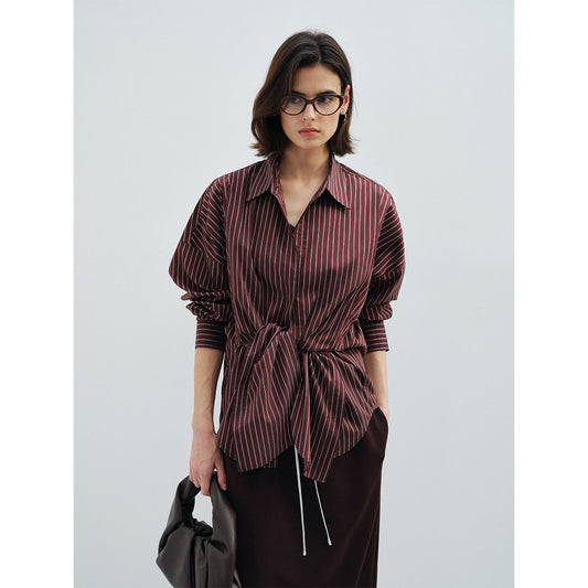 Spring design sense Tencel striped large silhouette shoulder soft focus gloss shirt