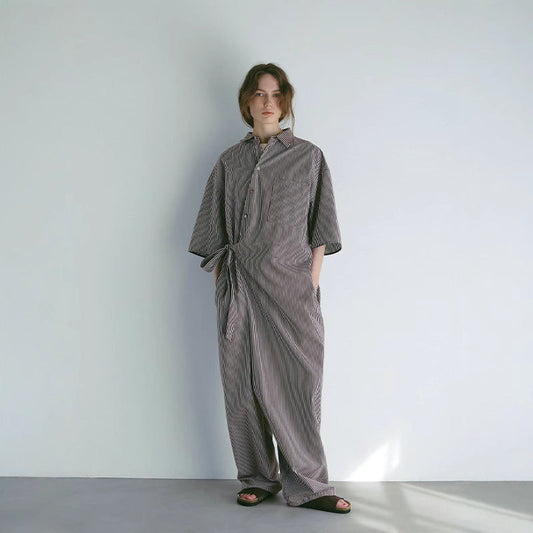 Summer new Japanese minimalist temperament fashionable retro striped design shirt jumpsuit