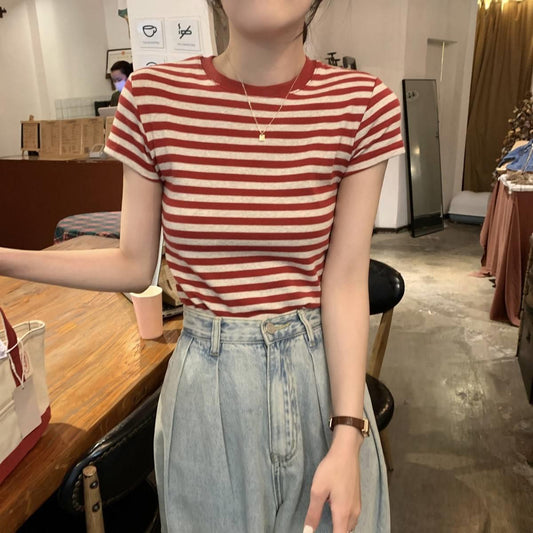 Women's Vintage T-Shirt - Striped Checked Short Sleeve Slim Fit Top