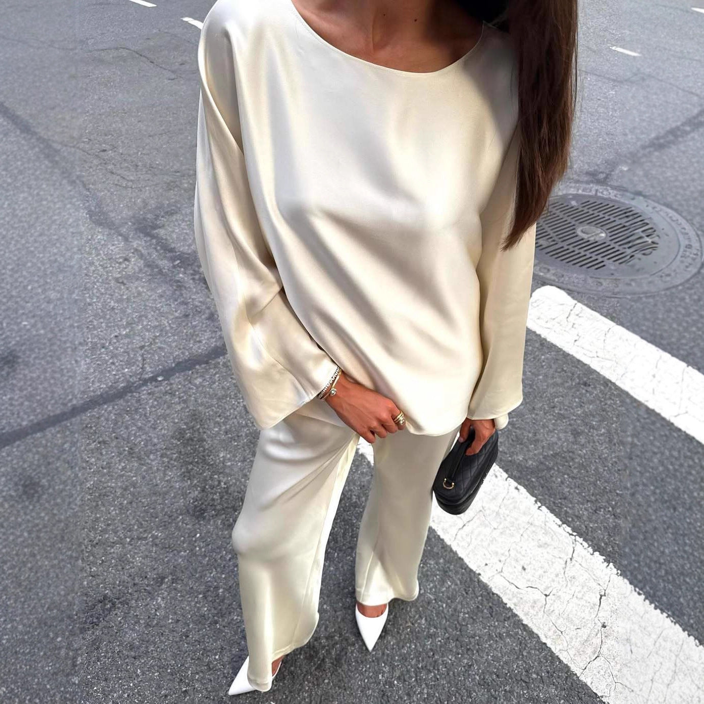 New Fashion Casual Crew Neck Satin Long Sleeve Two-piece Shirt Straight Pants Suit Women