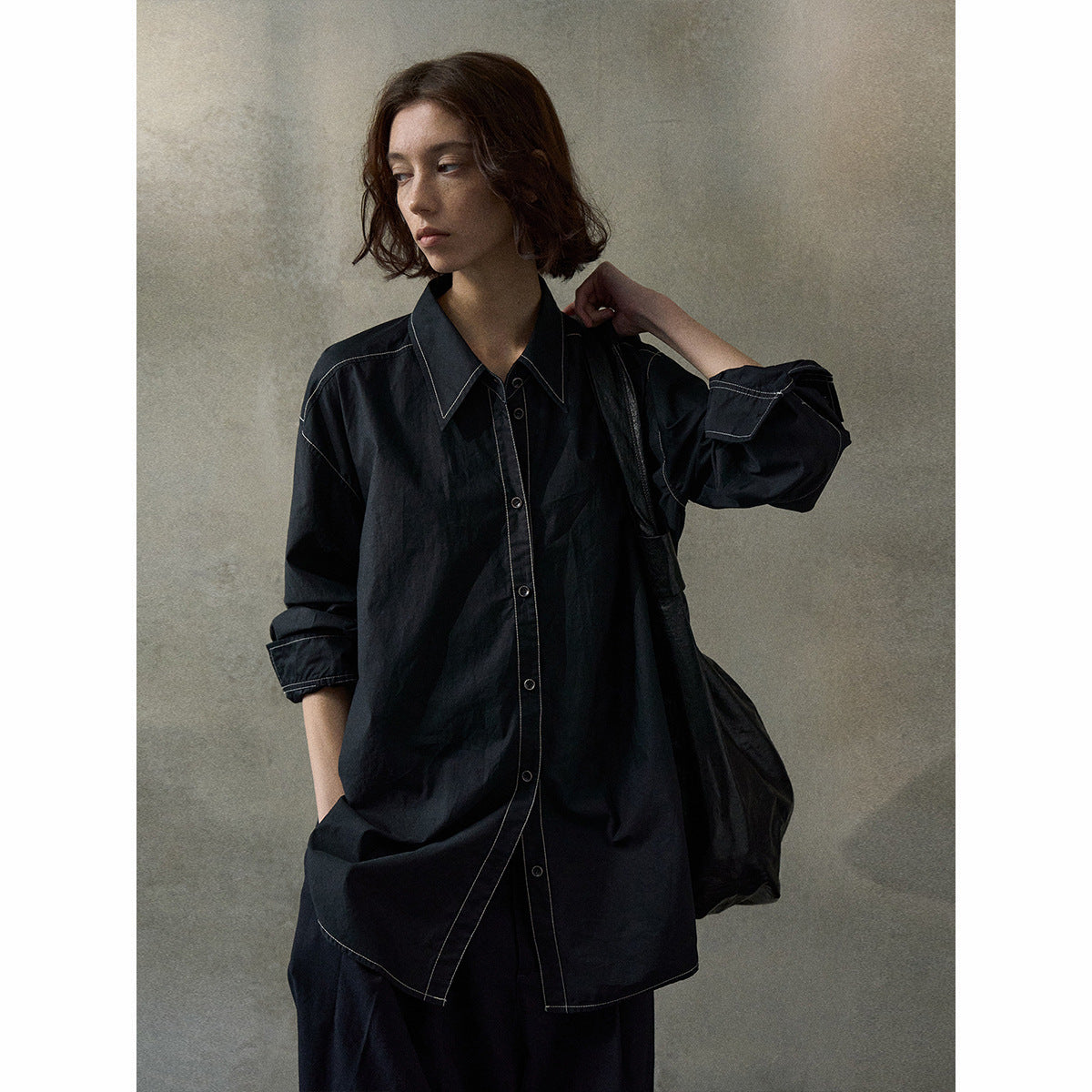 Contrasting color line asymmetrical shirt spring cotton long commuter casual top