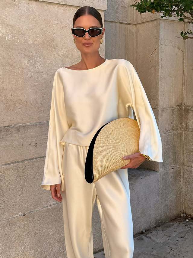 New Fashion Casual Crew Neck Satin Long Sleeve Two-piece Shirt Straight Pants Suit Women