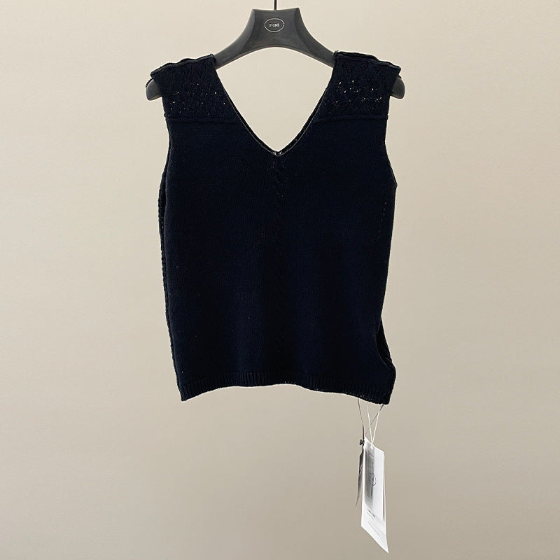 Loose cotton and linen vest, V-neck cut-out versatile sleeveless knitted top for summer wear
