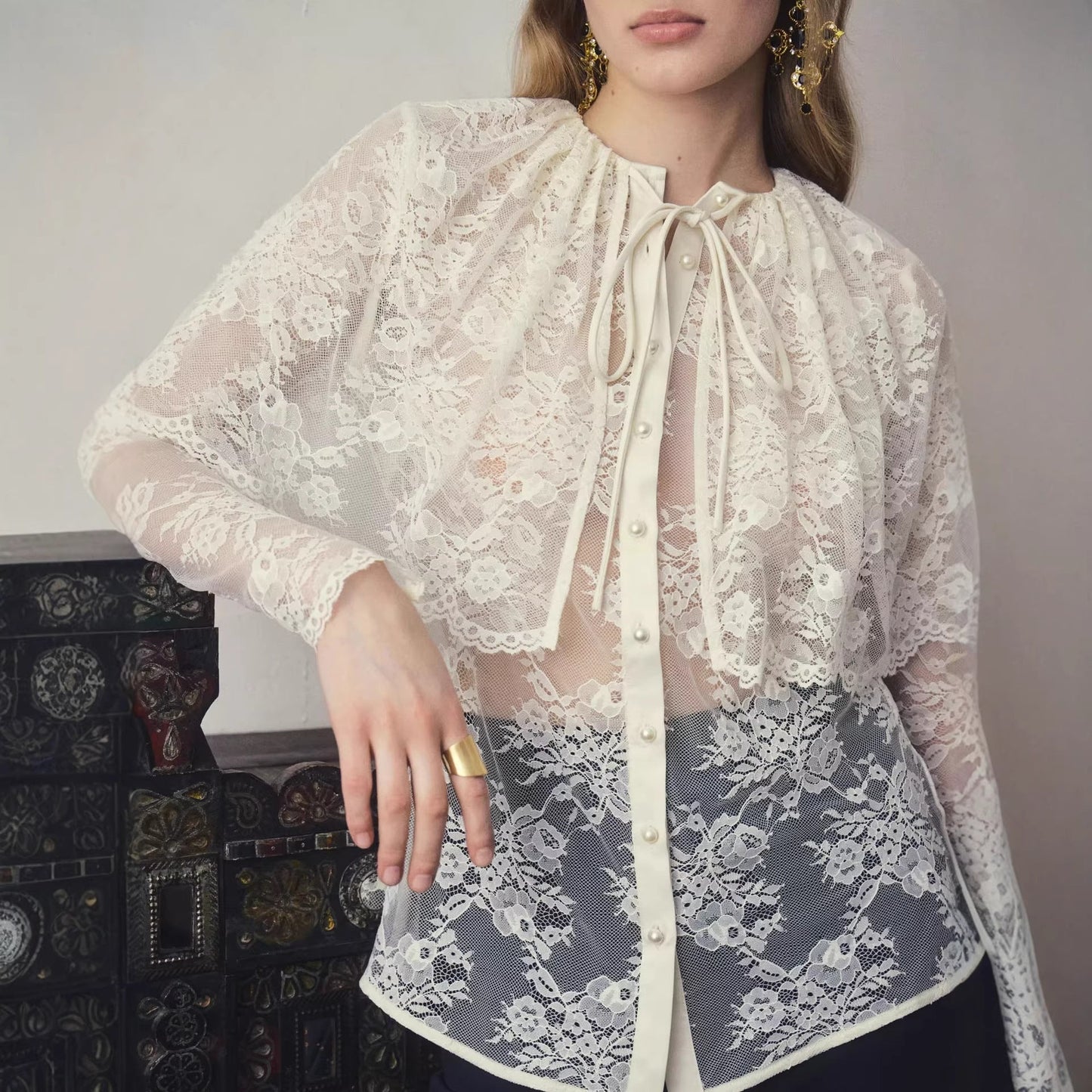 French niche lace patchwork cape shirt top small shirt long sleeves