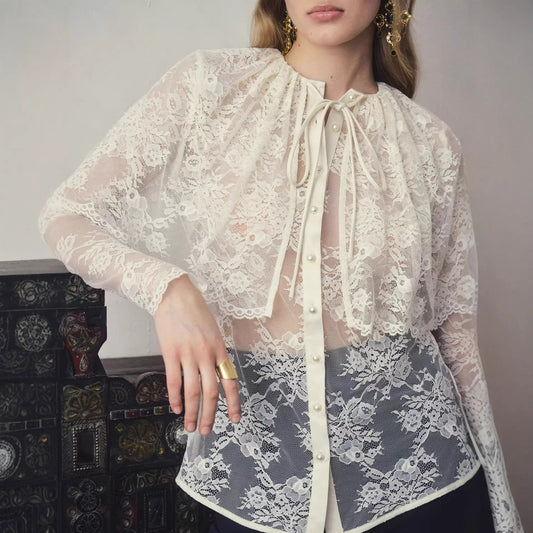 French niche lace patchwork cape shirt top small shirt long sleeves