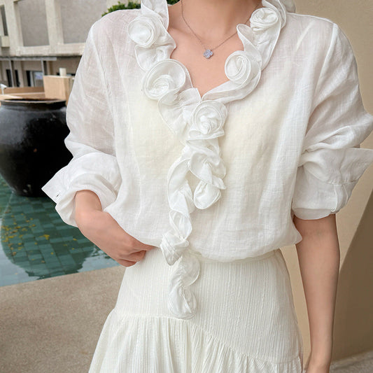 Ramie handmade disc V-neck spring and summer vacation temperament shirt