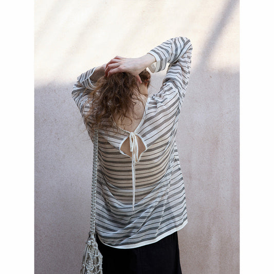 Summer thin silk and linen cool and breathable contrasting striped air-conditioning long-sleeved knitted blouse