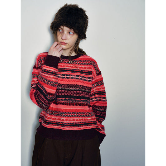 Winter new casual crew neck wool Fair Island floating line jacquard woolen top