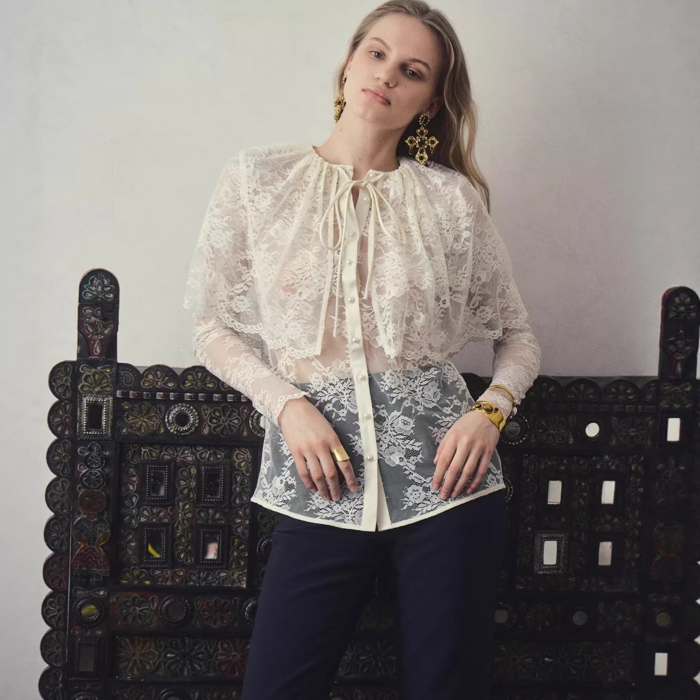 French niche lace patchwork cape shirt top small shirt long sleeves