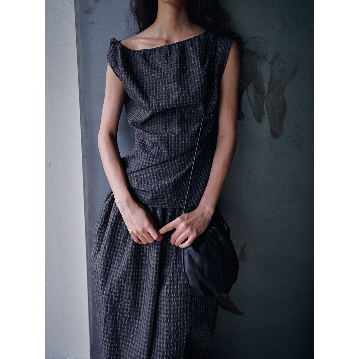 Bubble checked sloping shoulder asymmetrical top