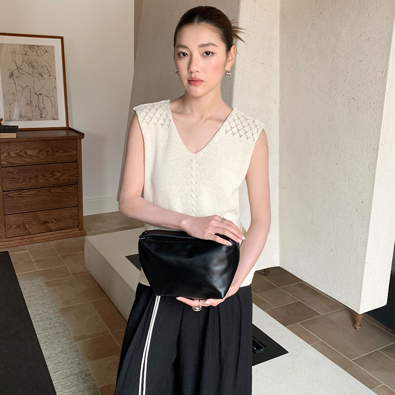 Loose cotton and linen vest, V-neck cut-out versatile sleeveless knitted top for summer wear