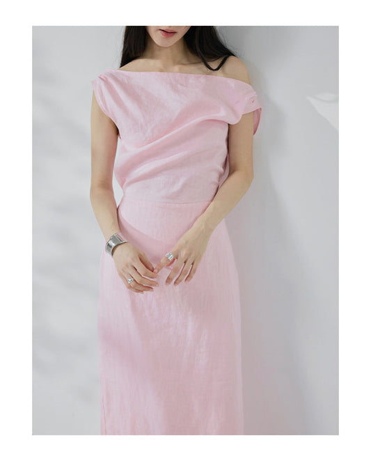 100% linen one-word shoulder dress elegant and thin summer dress