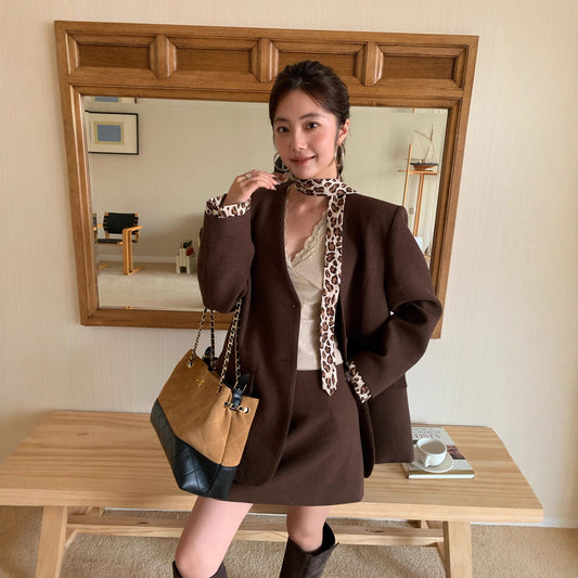 Autumn American fashion foreign style loose leopard print streamer v-neck blazer