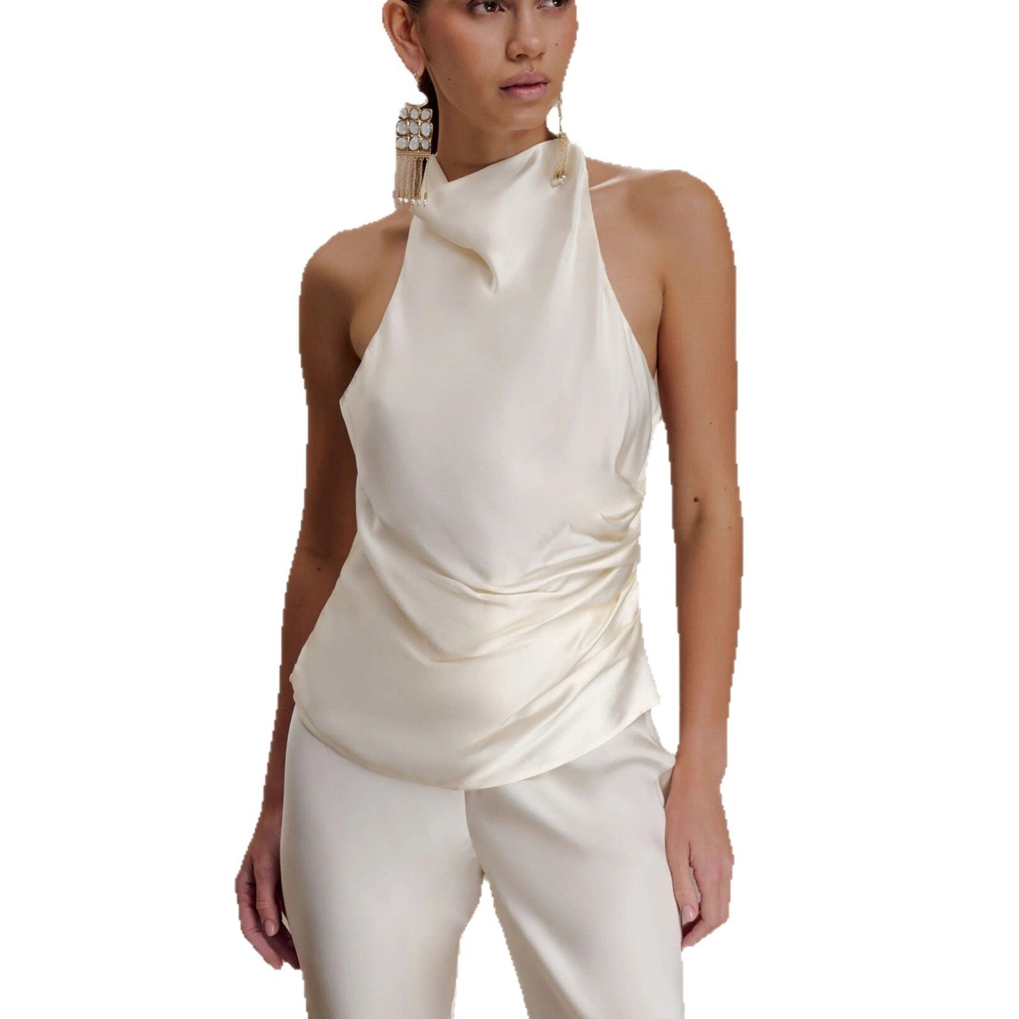 Sexy sleeveless color satin shirt slim fit backless hottie turtleneck top