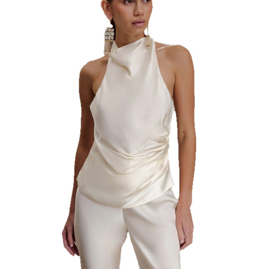 Sexy sleeveless color satin shirt slim fit backless hottie turtleneck top