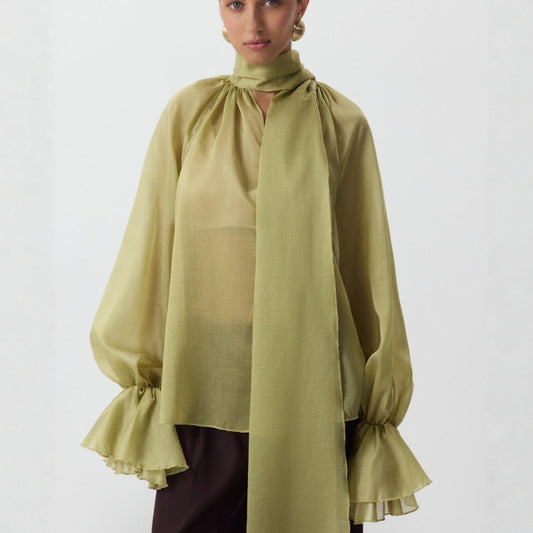 Autumn and winter ruffle shirt French temperament V-neck streamer ice silk horn sleeve top