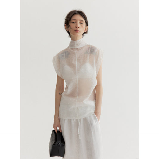 Summer yarn-through cotton sleeveless streamer simple large profile design top