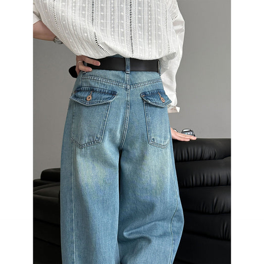 Spring retro light blue wide-leg straight with belt jeans women's design high-waisted trousers