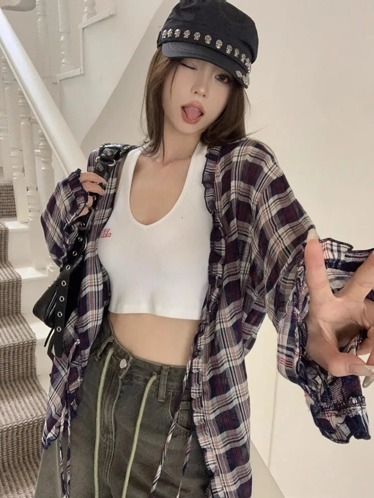 Women's Vintage Plaid Ruffled Collar Blouse