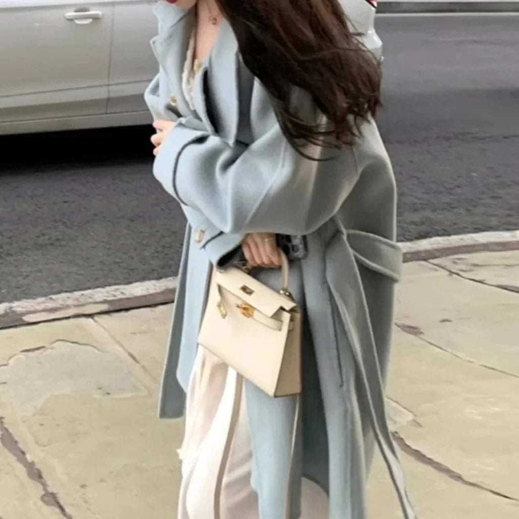 Women's Woolen Coat - Plus Size Belt Closure Long Coat
