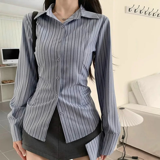 Women's Korean Striped Shirt Jacket - Slim Fit Waist Cinching Long Sleeve