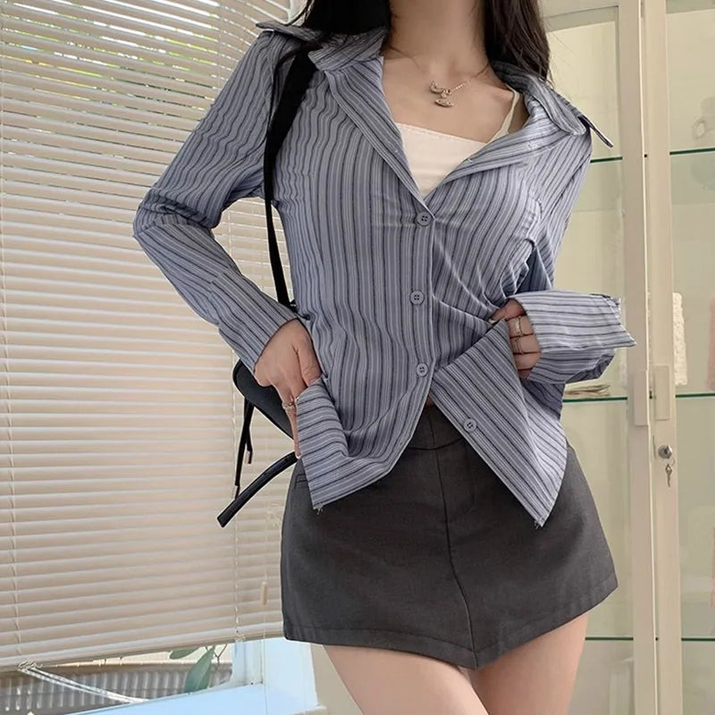 Women's Korean Striped Shirt Jacket - Slim Fit Waist Cinching Long Sleeve
