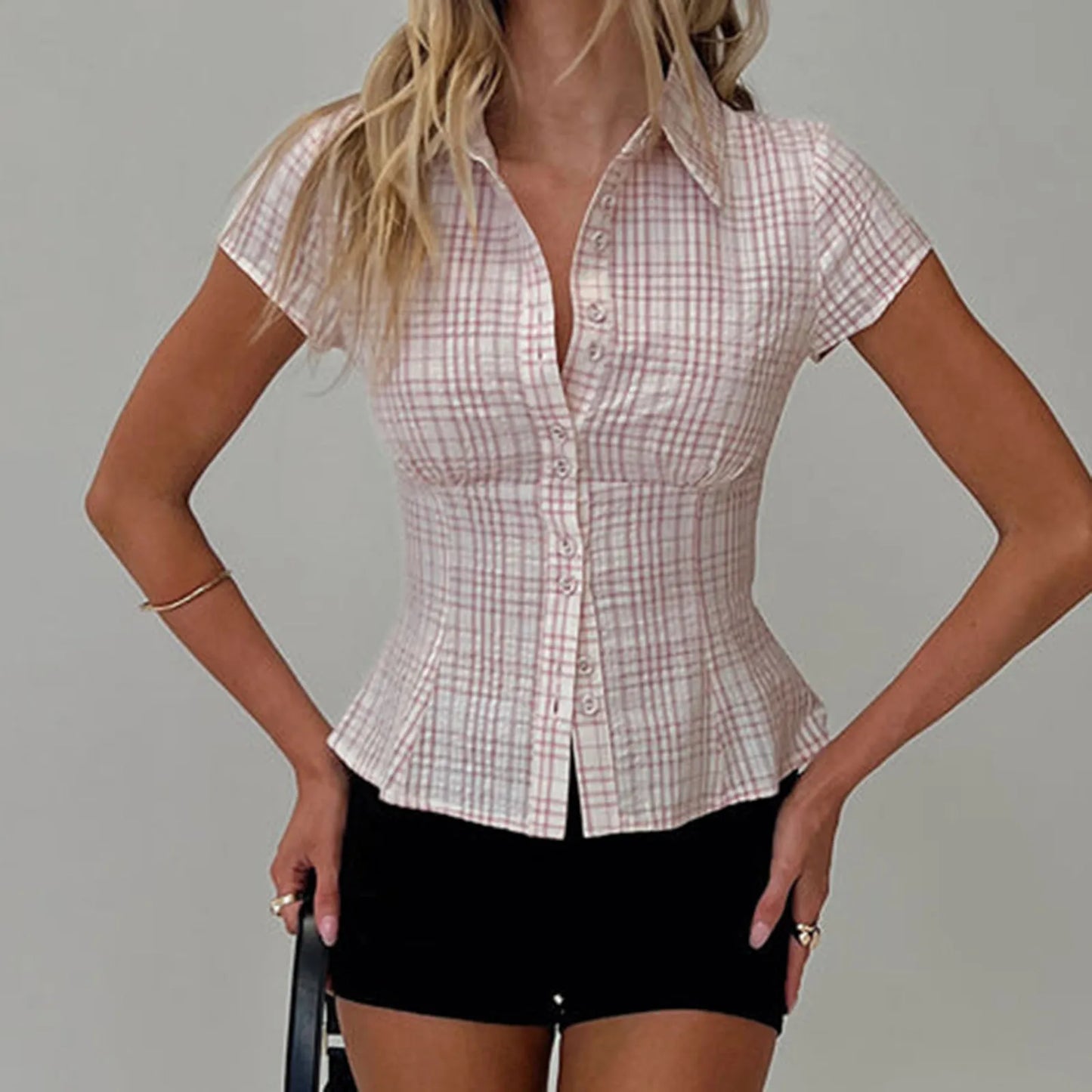 hirigin Women's Y2K Short Sleeve Plaid Button Down Shirt Button Down Blouses Tops Casual Summer Shirt Tops 90s Streetwear