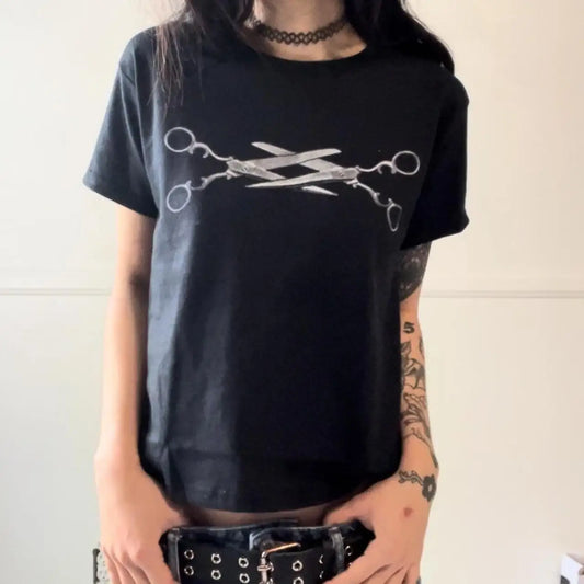 Short Sleeve Anime Graphic Print Slim Fit Crop Tee Harajuku Punk Goth Grunge Vintage Emo Kpop