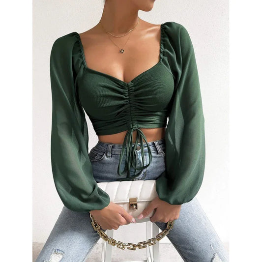 Women's T-Shirt - Chiffon Long Puff Sleeve Deep V-Neck Top
