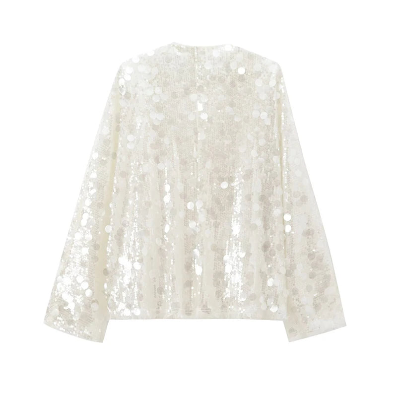 Women's Jacket - Sequin Kimono Jacket with V-Neck and Belt