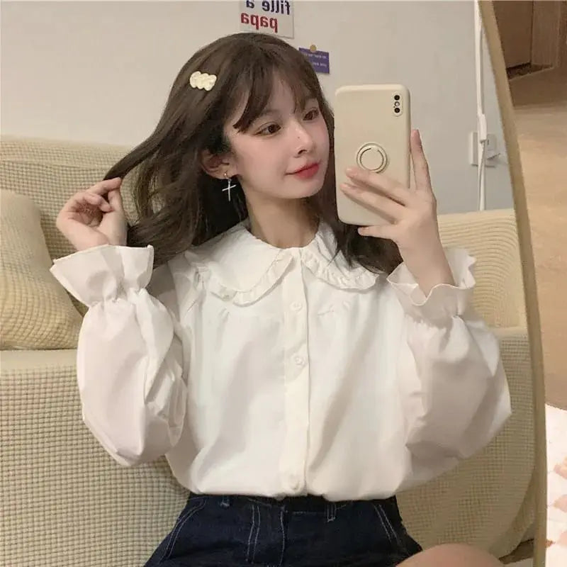 Women's Vintage Shirt - Preppy Peter Pan Collar Long Sleeve Blouse