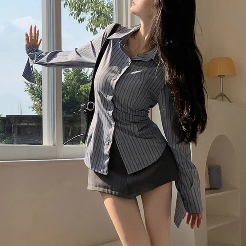 Women's Korean Striped Shirt Jacket - Slim Fit Waist Cinching Long Sleeve