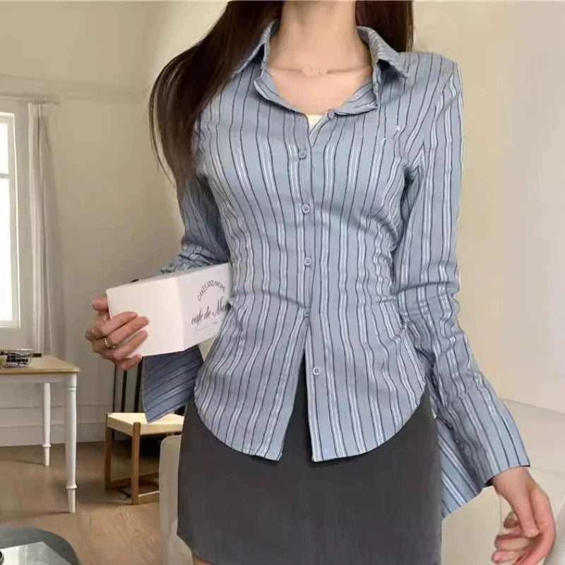 Women's Korean Striped Shirt Jacket - Slim Fit Waist Cinching Long Sleeve
