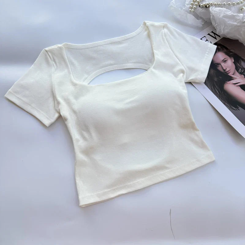 Short Sleeve Square Neckline Backless Crop Top with Built-In Bra Sexy Streetwear Tee