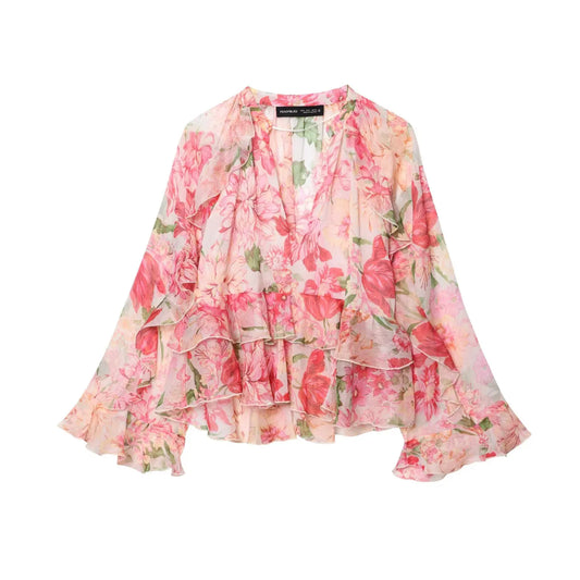 Women's V-Neck Tiered Long-Sleeve Loose Vintage Print Blouse